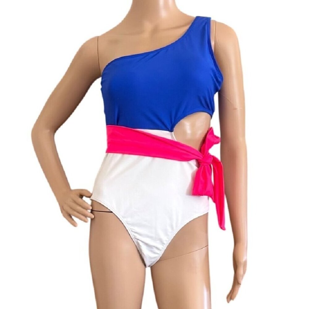 Lillusory One Shoulder Colorblock Swimsuit Size Medium Cut Out One Piece Neon Pi